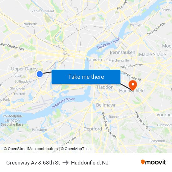 Greenway Av & 68th St to Haddonfield, NJ map