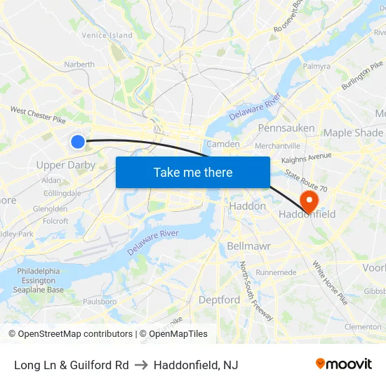 Long Ln & Guilford Rd to Haddonfield, NJ map