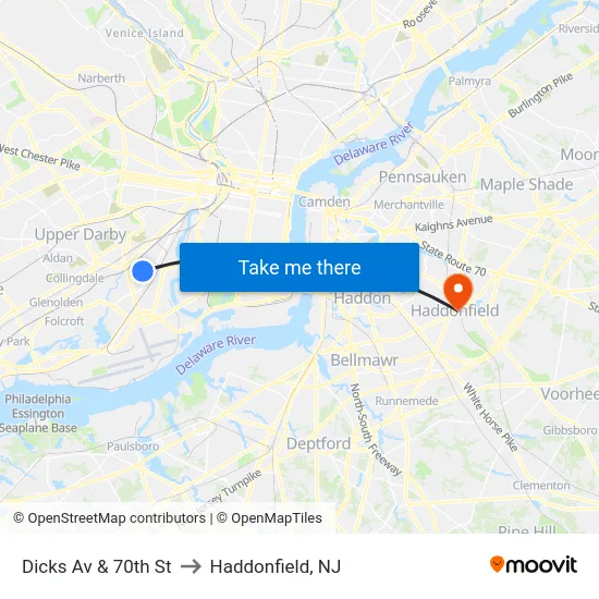Dicks Av & 70th St to Haddonfield, NJ map