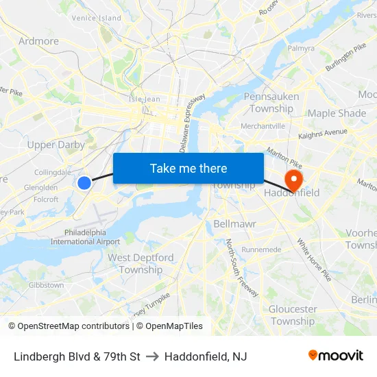 Lindbergh Blvd & 79th St to Haddonfield, NJ map