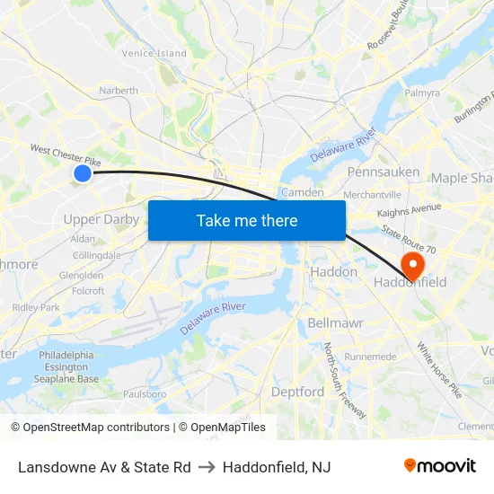 Lansdowne Av & State Rd to Haddonfield, NJ map