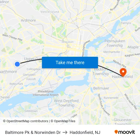Baltimore Pk & Norwinden Dr to Haddonfield, NJ map
