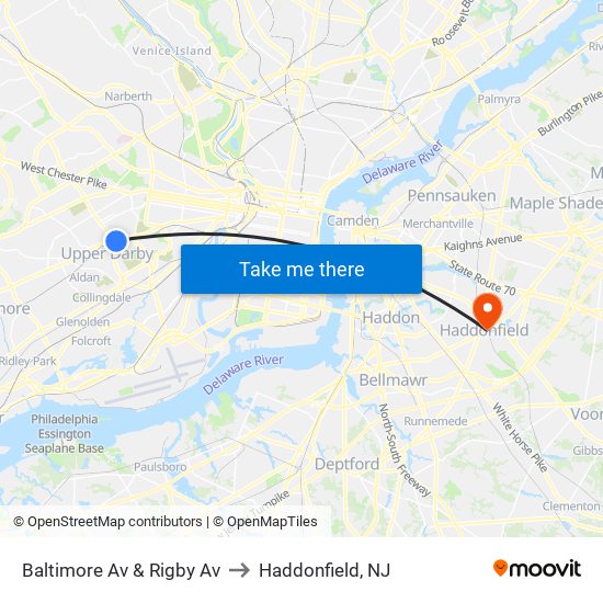 Baltimore Av & Rigby Av to Haddonfield, NJ map