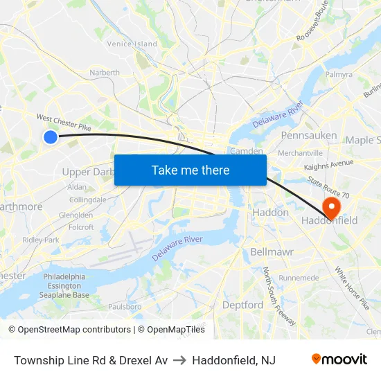 Township Line Rd & Drexel Av to Haddonfield, NJ map