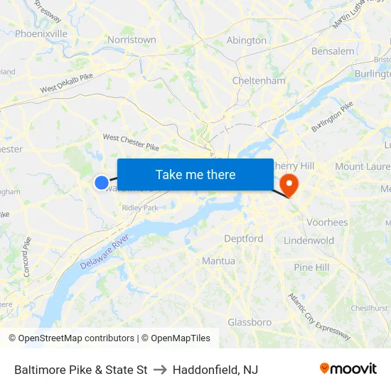 Baltimore Pike & State St to Haddonfield, NJ map