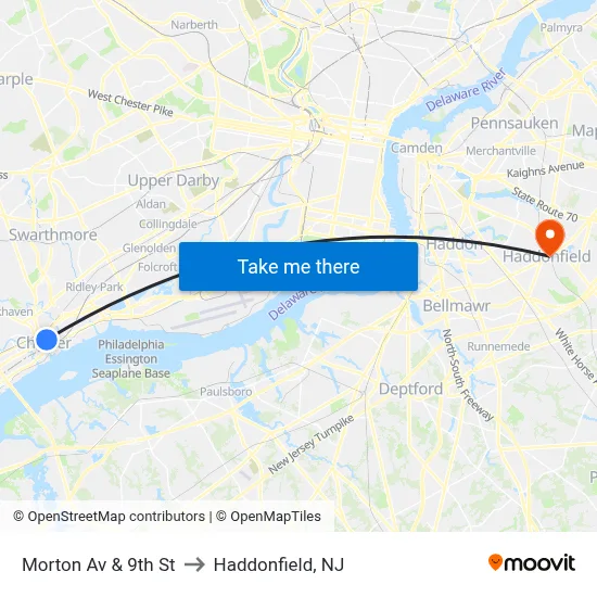 Morton Av & 9th St to Haddonfield, NJ map