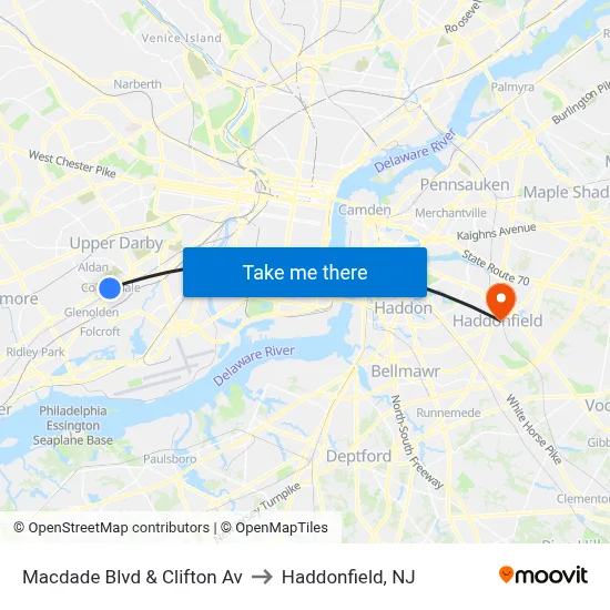 Macdade Blvd & Clifton Av to Haddonfield, NJ map