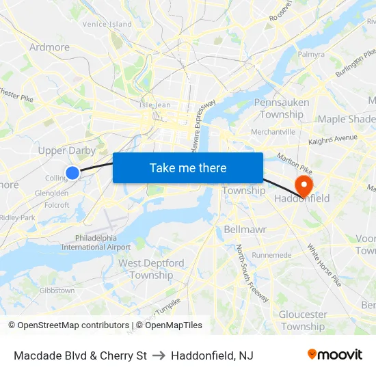 Macdade Blvd & Cherry St to Haddonfield, NJ map