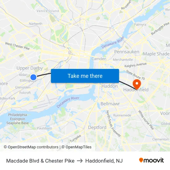 Macdade Blvd & Chester Pike to Haddonfield, NJ map
