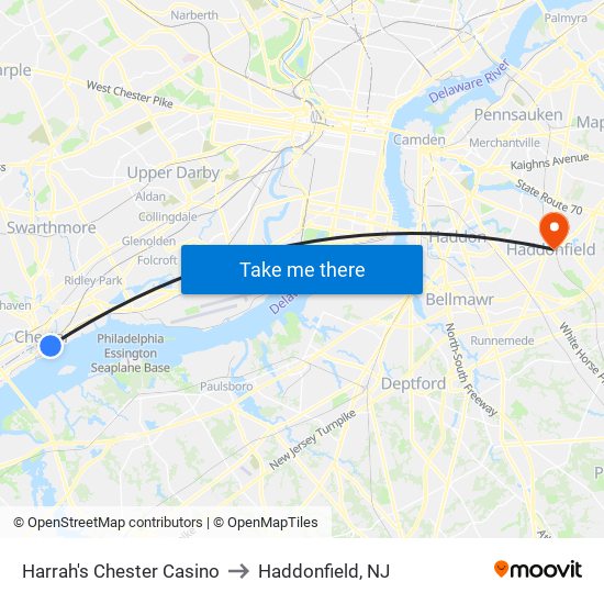 Harrah's Chester Casino to Haddonfield, NJ map