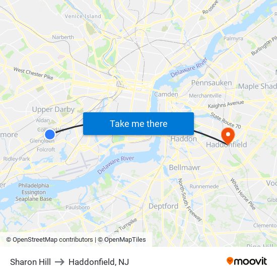 Sharon Hill to Haddonfield, NJ map