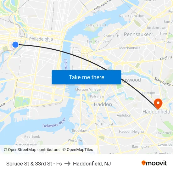 Spruce St & 33rd St - Fs to Haddonfield, NJ map