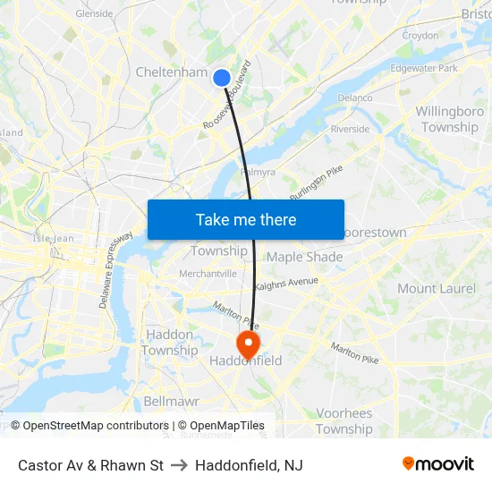 Castor Av & Rhawn St to Haddonfield, NJ map