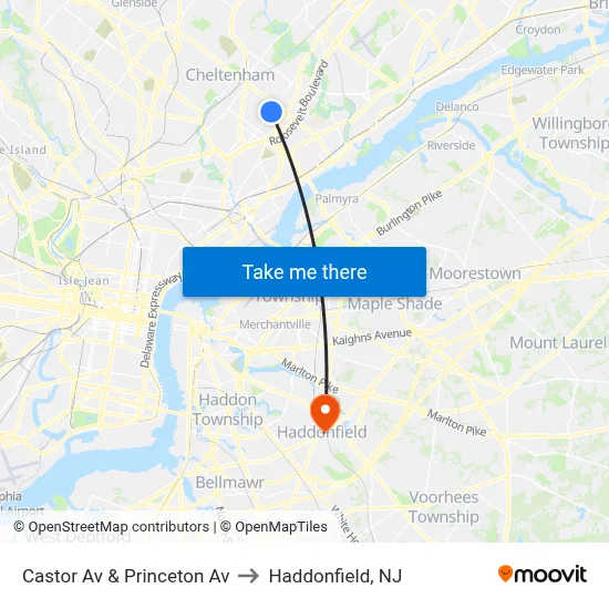 Castor Av & Princeton Av to Haddonfield, NJ map