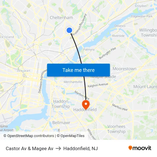Castor Av & Magee Av to Haddonfield, NJ map