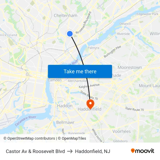 Castor Av & Roosevelt Blvd to Haddonfield, NJ map