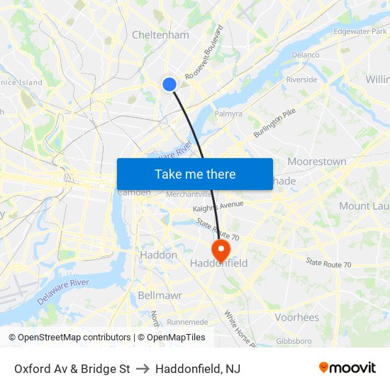 Oxford Av & Bridge St to Haddonfield, NJ map