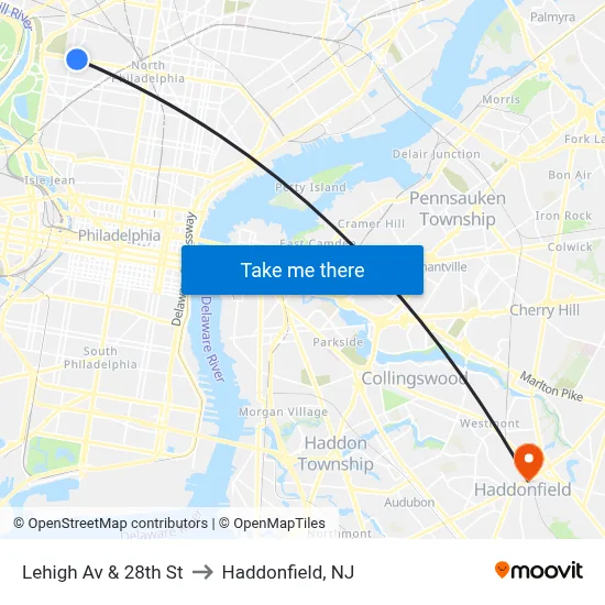 Lehigh Av & 28th St to Haddonfield, NJ map