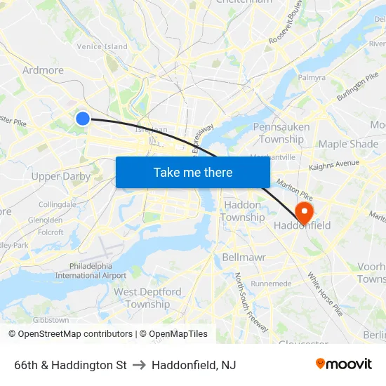 66th & Haddington St to Haddonfield, NJ map