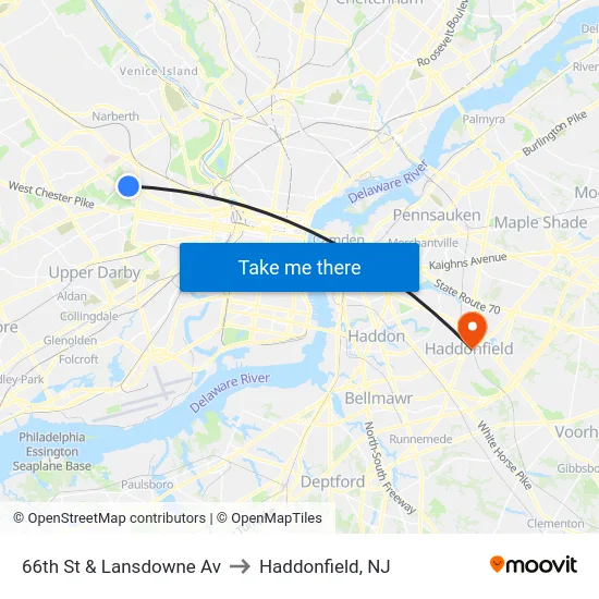 66th St & Lansdowne Av to Haddonfield, NJ map