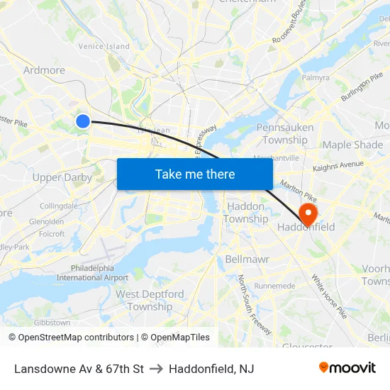 Lansdowne Av & 67th St to Haddonfield, NJ map