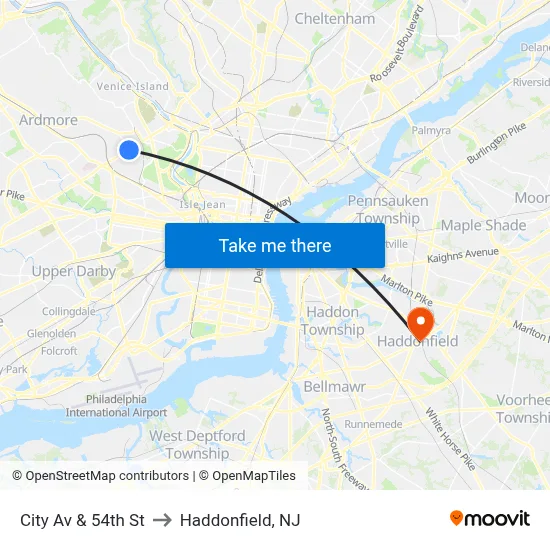 City Av & 54th St to Haddonfield, NJ map