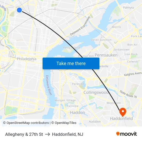 Allegheny & 27th St to Haddonfield, NJ map
