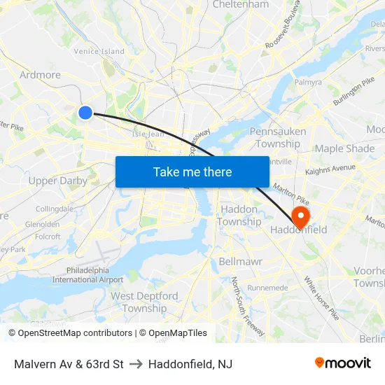 Malvern Av & 63rd St to Haddonfield, NJ map