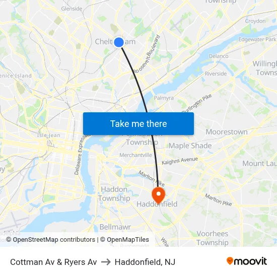 Cottman Av & Ryers Av to Haddonfield, NJ map