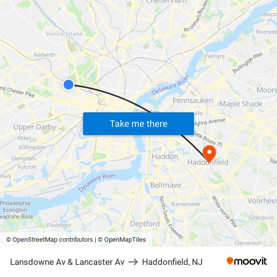 Lansdowne Av & Lancaster Av to Haddonfield, NJ map