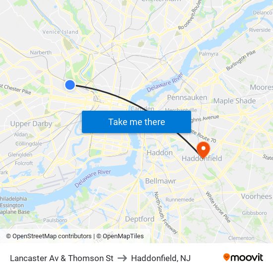 Lancaster Av & Thomson St to Haddonfield, NJ map