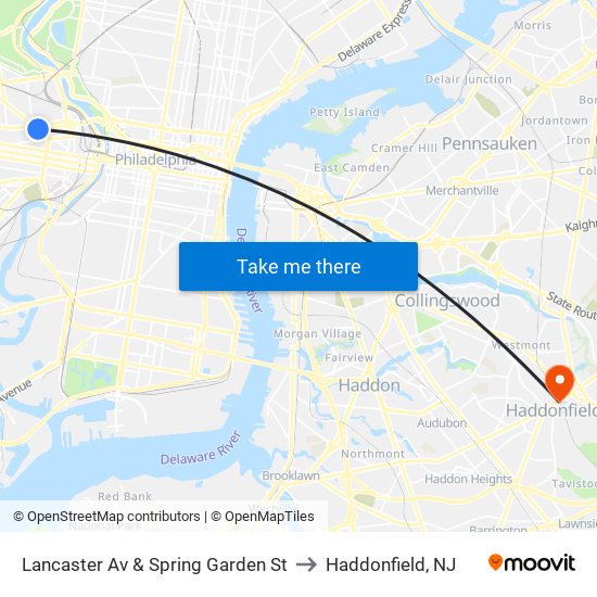 Lancaster Av & Spring Garden St to Haddonfield, NJ map