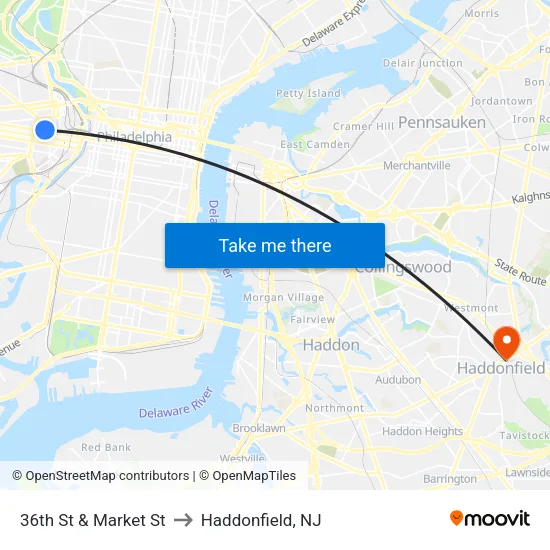 36th St & Market St to Haddonfield, NJ map