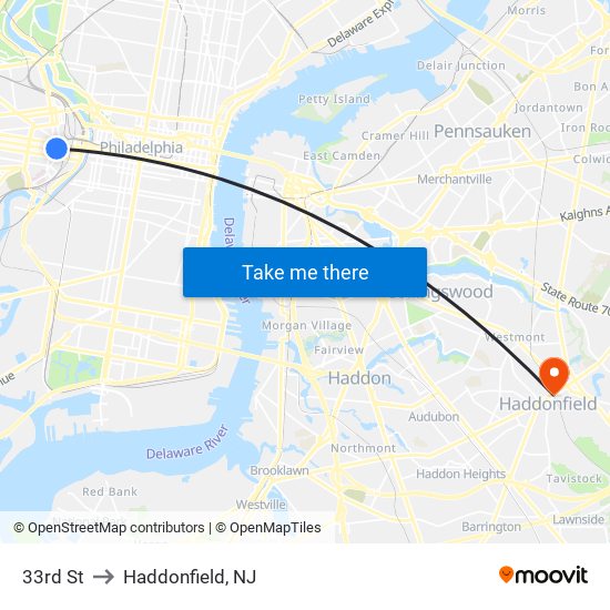 33rd St to Haddonfield, NJ map