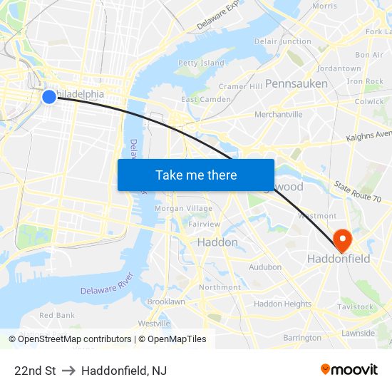 22nd St to Haddonfield, NJ map