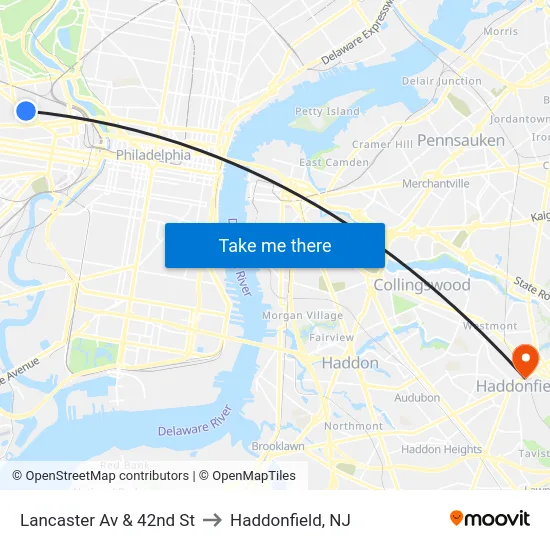 Lancaster Av & 42nd St to Haddonfield, NJ map
