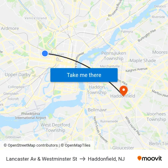 Lancaster Av & Westminster St to Haddonfield, NJ map