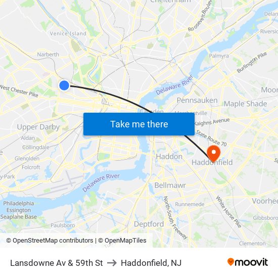 Lansdowne Av & 59th St to Haddonfield, NJ map