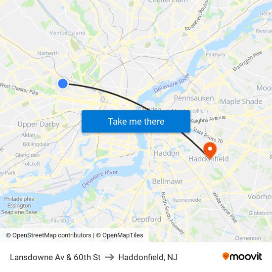 Lansdowne Av & 60th St to Haddonfield, NJ map