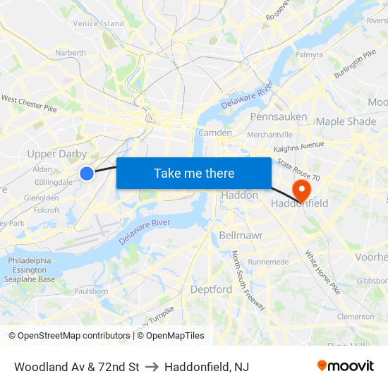 Woodland Av & 72nd St to Haddonfield, NJ map