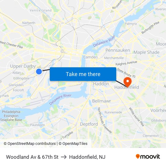 Woodland Av & 67th St to Haddonfield, NJ map
