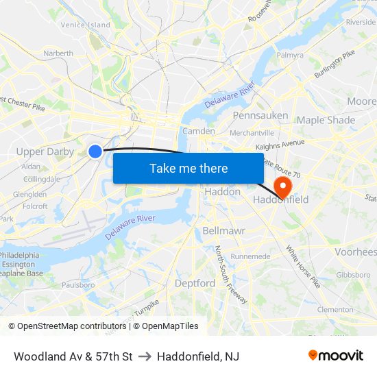 Woodland Av & 57th St to Haddonfield, NJ map