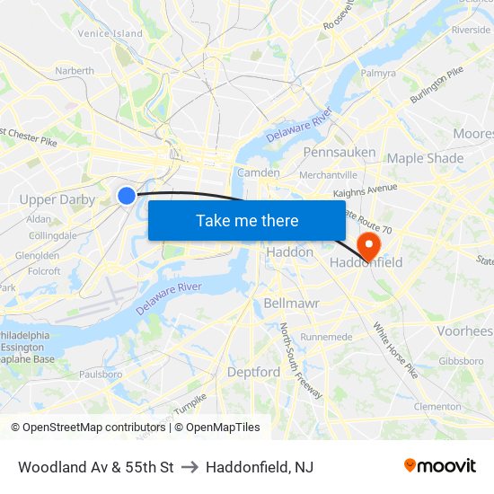 Woodland Av & 55th St to Haddonfield, NJ map