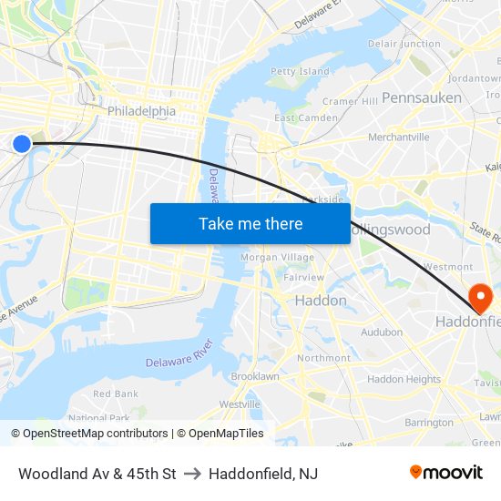 Woodland Av & 45th St to Haddonfield, NJ map