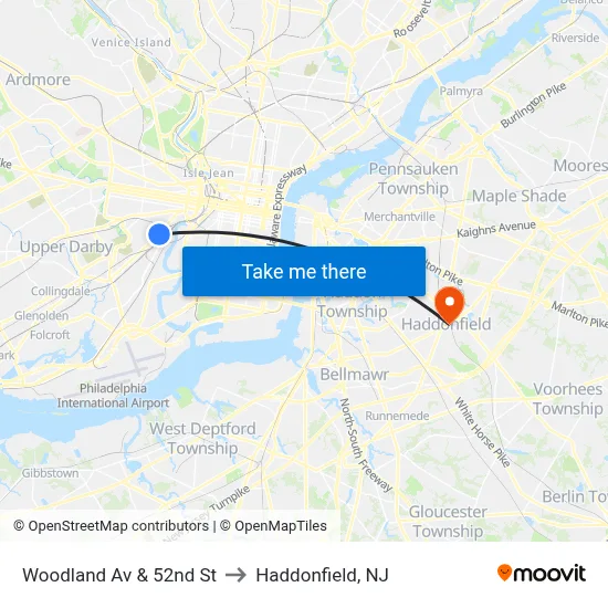 Woodland Av & 52nd St to Haddonfield, NJ map