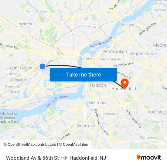 Woodland Av & 56th St to Haddonfield, NJ map