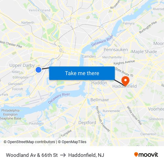 Woodland Av & 66th St to Haddonfield, NJ map