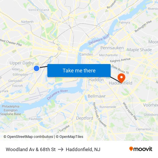 Woodland Av & 68th St to Haddonfield, NJ map