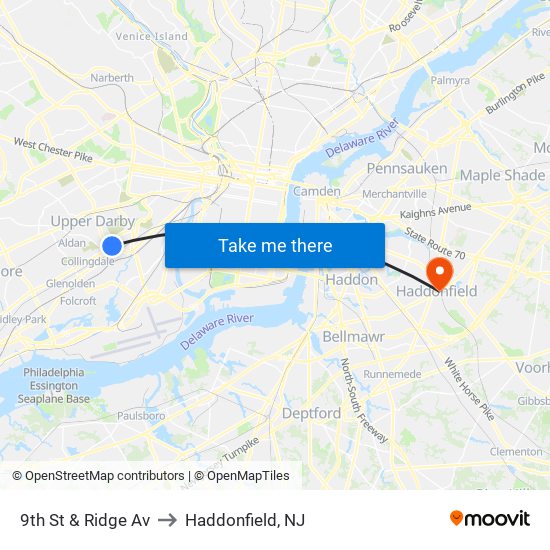 9th St & Ridge Av to Haddonfield, NJ map