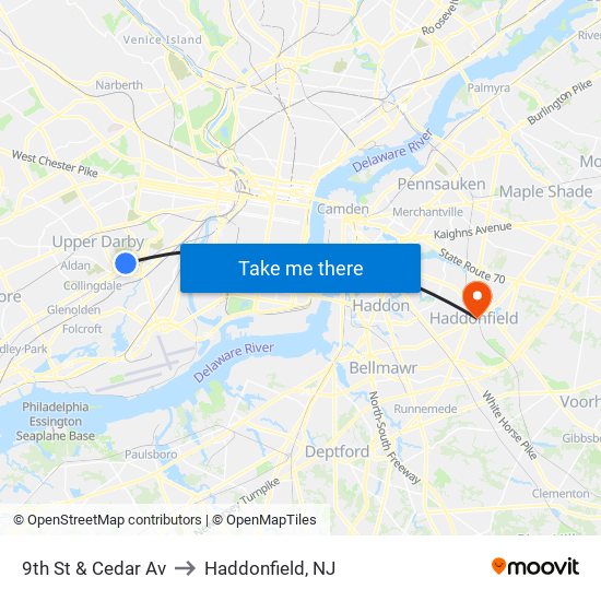 9th St & Cedar Av to Haddonfield, NJ map